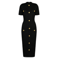 Robe Courte Femme Tricotée Extensible de Haute Qualité, Nouveau Style Été, Tissu Texturé en Relief, Boutons, Manches Courtes, Tendance Socialite