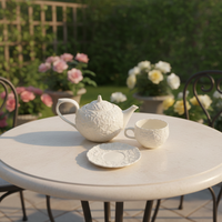 Service à thé en céramique durable et écologique, design floral vintage en relief, luxe léger, couleur beige, tasse à café et soucoupe, thé de haute valeur