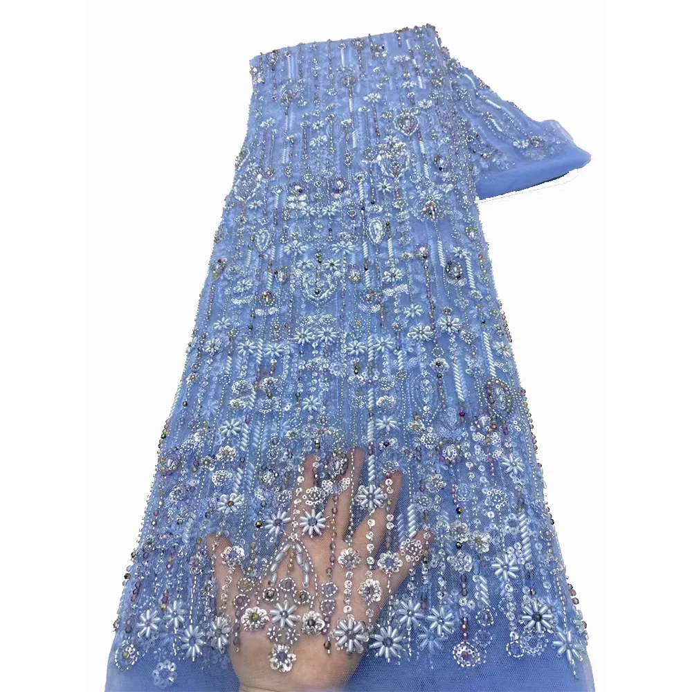 NI.AI महिलाओं के लिए भारी मनके सेक्विन वेडिंग लेस फैब्रिक मोती कढ़ाई लक्जरी पार्टी शाम की पोशाक फैब्रिक सामग्री