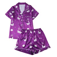 Ensemble de pyjama d'été pour femmes, respirant, en satin, col rabattu, imprimé papillon et fleurs, manches courtes, shorts, ODM