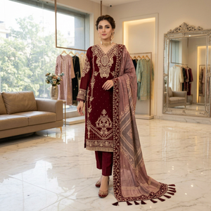 Ensemble de robe de mariée traditionnelle indienne pakistanaise en georgette marron brodée avec dupatta pour femmes - Product Image 2