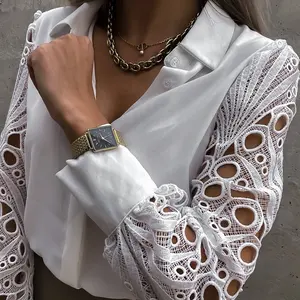 White Sexy Lace Hollow Out Women Blouse Autumn 2023 Spring Black Top Vintage Button Up Shirts Long Sleeve Mesh Design Tops