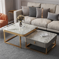 Italie Ensemble de table basse de luxe Dalle de roche carrée Table basse télescopique Table basse de stockage multifonctionnelle peu encombrante Support de télévision