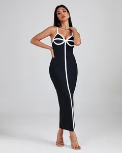 Ocstrade Robe décontractée élégante de haute qualité Noir et blanc Spaghetti Strap Sexy V Neck Bodycon Maxi Summer Bandage Dress