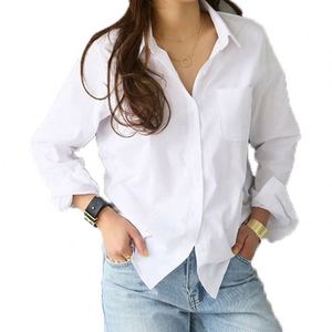 Base Long Sleeve Turn-Down Kragen Revers Shirt Simple Loose war dünn einfarbig weiße Blusen Shirts Frauen - Product Image 1