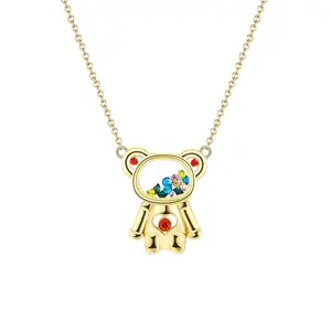 RINNTIN EQN19 Cute Charm Bear Necklace with Movable Suspension CZs inside Glass 925 Silver 14K Gold Plated Necklace