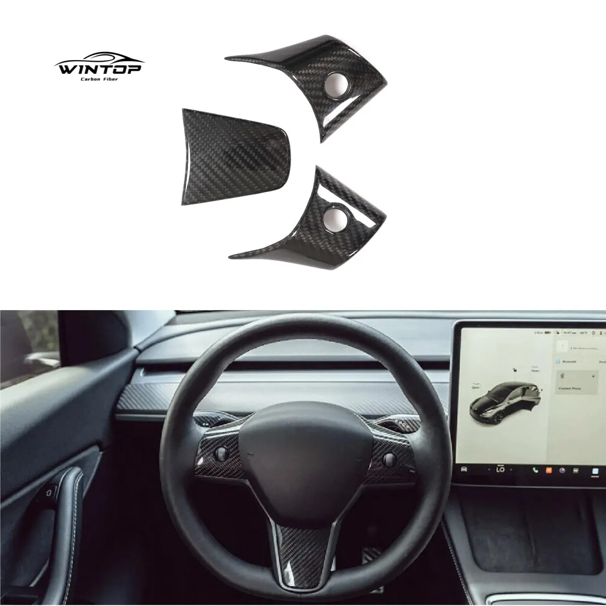 Wintop Xe Điện Mô hình 3 trang trí nội thất khô Carbon chỉ đạo bánh xe bao gồm cho Tesla mô hình 3 Sedan 2017- 2021