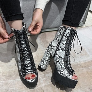 High Chunky Heel Lace up Women <b>Ankle</b> Boots Med Platform Women Shoes Breathable Snakeskin Print Side Zip Peep Toe Short <b>Booties</b> - Product Image 6