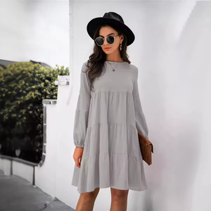 Nouvelle robe ample en coton et lin de couleur unie, col rond, manches lanternes, coupe ample, pour l'automne et l'hiver - Product Image 2