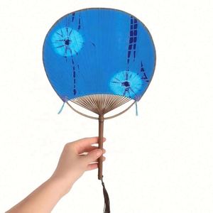 2023 Chinese Style Embroidery Round Hand Fan with Bamboo Handle Blue <b>Tie</b>-Dye Fabric Classical Folk Art Design - Product Image 3