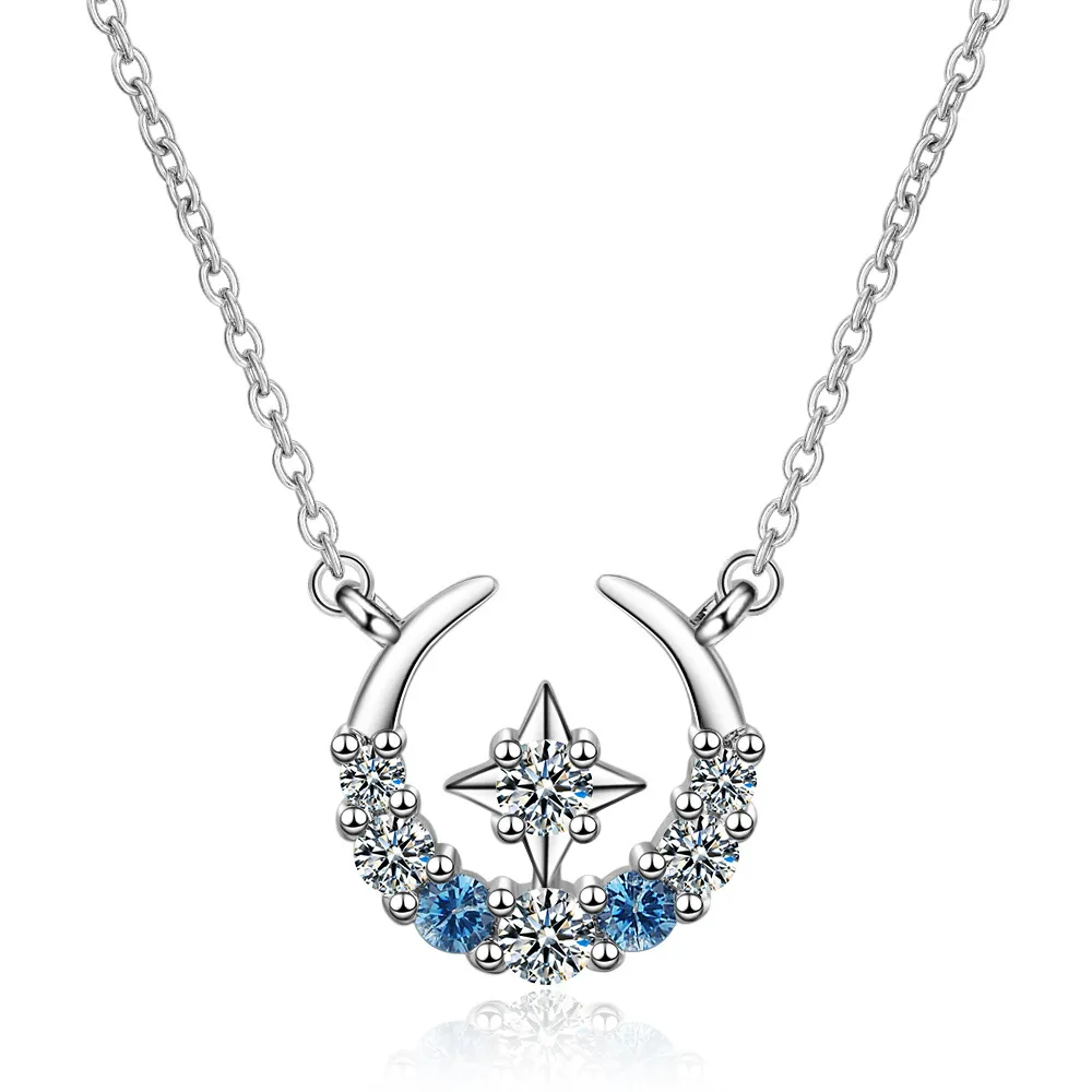 2022 New Hot Sale Star Blue Moon Women White Gold Titanium Zirconia O Chain Pendant Necklace