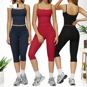 Ensemble de yoga et d'entraînement 2 pièces pour femme : Crop top uni à fines bretelles et legging anti-plis taille haute élastique longueur mollet - Product Image 2