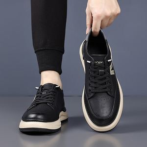 Chaussures décontractées en cuir souple pour hommes, couleur kaki, talon bas, lacets avant, antidérapantes, confortables, chaussures de skate - Product Image 4