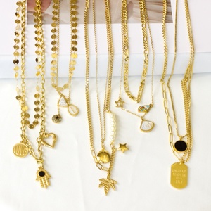 Collier personnalisé en acier inoxydable plaqué or pour femmes, pendentif rond à double couche - Product Image 1