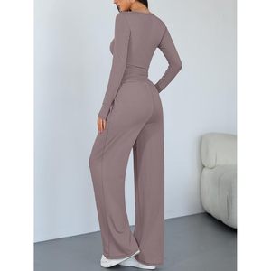 Women 2 Piece Matching Lounge Set Wide Leg Pants Full Sleeve Crop <b>Top</b> Breathable Knitted Cotton Spandex Daily Wear Outfit - Product Image 4