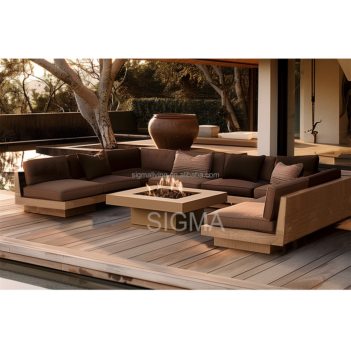 Modern Design Outdoor Furniture Teak Wood Frame Comfortable U-shape Garden Sofa Set with Ottoman