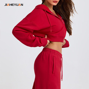 Set Tuta Sportiva Personalizzata in Spugna 360GSM per Donna, Top Corto con Zip e Pantaloni Larghi Stile Streetwear - Product Image 1