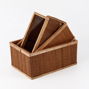 Fournitures de bureau Bureaux en bois Paniers avec poignées Cadre en bois Panier de <span class=keywords><strong>rangement</strong></span> tissé en rotin Boîtes de <span class=keywords><strong>rangement</strong></span> en bambou pour articles divers - Product Image 1