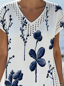 Vestido de punto floral verde <span class=keywords><strong>esmeralda</strong></span> para mujer, vestido midi de verano con cuello en V y manga corta, malla pointelle, 100% poliéster, estampado, ropa de resort - Product Image 5