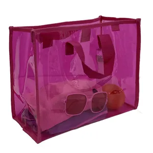 热卖防水透明乙烯基果冻透明购物手提包定制标志透明塑料PVC手提包沙滩包
