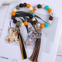 Perles en bois multicolores léopard avec pendentif tête de vache Highland, bracelet porte-clés