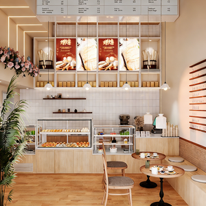 Airy Wood-Toned Coffee & Bakery Featuring Glass Displays, Tiered Dessert Racks, Integrated Lighting, and Simple Pendant Lamps - Product Image 6