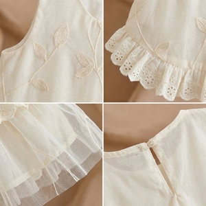 Girls Clothing Set Beige Embroidered Top With Ruffles And <b>Light</b> Blue Jeans Two Piece Summer Outfit For Toddlers - Product Image 2