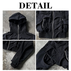 Sudadera con capucha de streetwear oversize de corte holgado, 100% algodón, de felpa francesa, con cremallera completa, estilo ninja, con efecto descolorido por el sol y lavado ácido, con patchwork personalizado. - Product Image 6