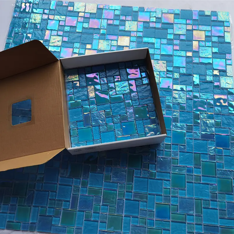 Non slip 3D Concave Rainbow Iridescent Glass Tile Mosaic Swimming Pool Glass Mosaic Kitchen Backsplash