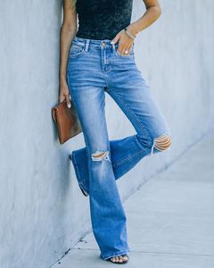 Pantalones de mezclilla acampanados con roturas, impermeables, de tiro medio, con lavado desgastado, estilo casual para <span class=keywords><strong>mujer</strong></span> - Product Image 3