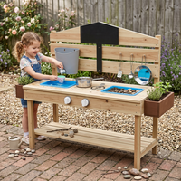 Cuisine de jardin en bois écologique pour enfants avec double évier, robinet, centre d'activités extérieur et tableau noir avec jardinières