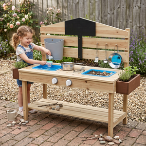 Cuisine de jardin en bois écologique pour enfants avec double évier, robinet, centre d'activités extérieur et <span class=keywords><strong>tableau</strong></span> noir avec jardinières - Product Image 1