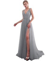 NNR Hochwertige rosa bestickte Perlen Slip Sexy Deep V Pailletten Langes Kleid Abendkleid