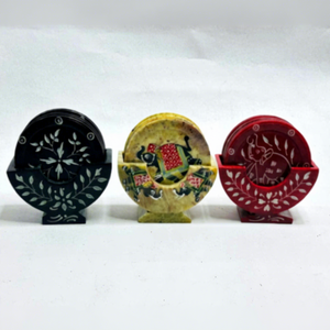 Handmade Stone Carved <b>Coaster</b> Set Floral Pattern Etched Design Red Yellow Black Colors Home Decoration Craft - Product Image 1