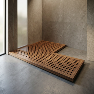 Grille de sol de douche en bois de teck antidérapante, revêtement de sol technique pour extérieur, salle de bain, design Art Déco, résistante à l'eau, système de pose à clipser - Product Image 1