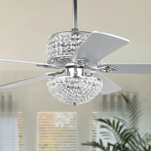 Хрустальный потолочный вентилятор 52 дюйма для гостиной, столовой, 5 лезвий из фанеры, роскошное серебро, изысканный дизайн, потолочный вентилятор со светом