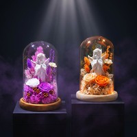 Bunga Mawar Abadi Angel Preserved Rose dalam Kubah Kaca dengan Lampu LED Buatan Tangan untuk Natal, Wisuda, Pernikahan, Ulang Tahun