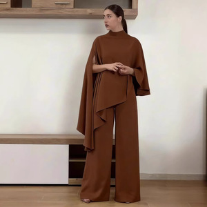 Completo Elegante Satinato Stile Europeo e Americano per Donna, Top a Maniche Lunghe Irregolare e Pantaloni a Gamba Larga, Abito Modesto Musulmano per Business Casual - Product Image 2