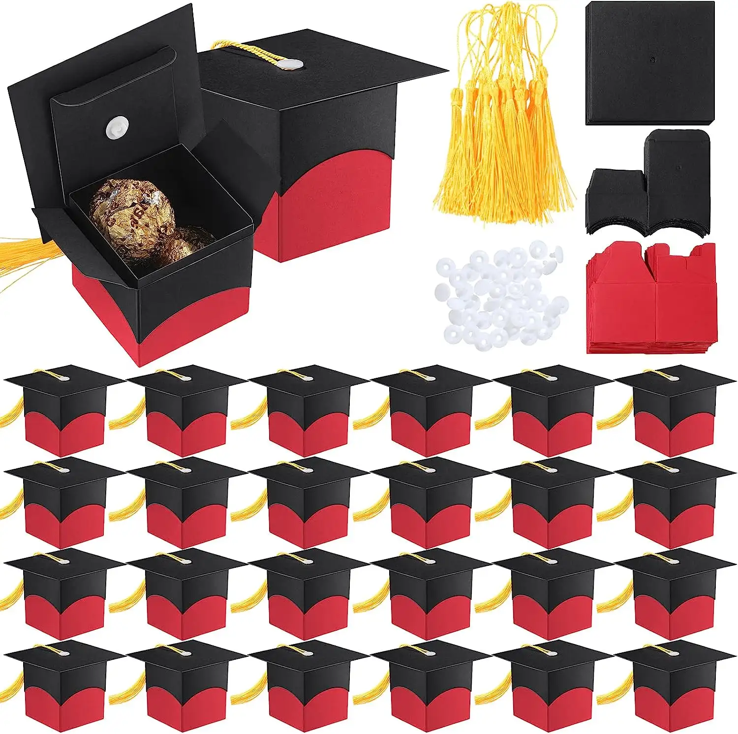 Kırmızı mezuniyet partisi şeker kutusu mezuniyet töreni için püsküller hatıra şeker kutusu ile mezuniyet kap hediye kutusu yanadır
