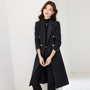 Women's Trench Coat Double Breasted Woolen Long Coat Navy Blue Purple Solid Color Professional Formal Winter Wear - Product Image 3