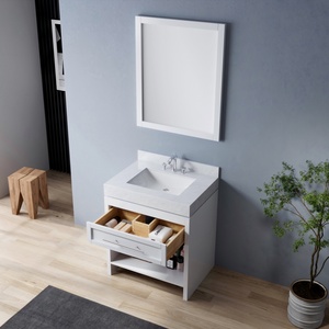 White Modern Solid Wood <b>Small</b> Bathroom <b>Vanity</b> Frame <b>Mirror</b> Freestanding Cabinet Carrara Marble Top 1 Drawer Open Shelf Water - Product Image 3