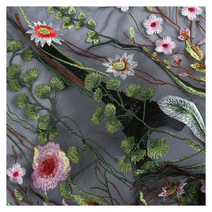 Tela de flores bordadas de encaje, malla de tul multicolor, diseño de moda