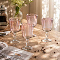 Gelas Piala Berwarna Pink Vintage, Tiupan Tangan, Berkaki, untuk Pesta Pernikahan, Perlengkapan Minuman Meja