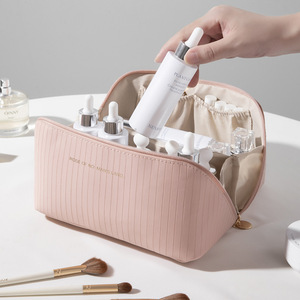Bolsa de maquillaje con rayas verticales, estuche de almacenamiento de cosméticos portátil de gran capacidad para viaje, para mujer, color beige, gris, rosa, marrón, negro - Product Image 2