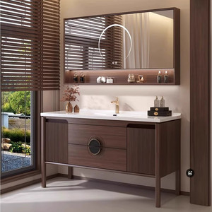 New bathroom cabinet ceramic integrated basin <b>floor</b>-<b>standing</b> new Chinese style retro oak smart - Product Image 2