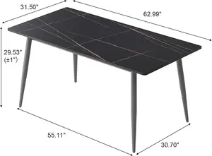 Ensemble de table à manger rectangulaire minimaliste moderne de 63 pouces pour 6 personnes avec pierre noire et pieds en métal gris - Product Image 3