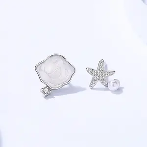 Elegant Wholesale 925 Sterling Silver Asymmetrical Earrings Starfish Sea Shell Pearl Stud Earings Jewelry For Women