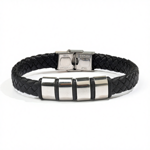 Brazalete <span class=keywords><strong>de</strong></span> Cuero con Piedra Natural para <span class=keywords><strong>Hombre</strong></span>, Letras Inglesas Grabadas, Regalo para el Día del Padre, Cierre <span class=keywords><strong>de</strong></span> Acero Inoxidable Color Acero - Product Image 1