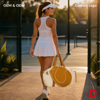Sac de tennis avec poche, rayures crème-moutarde, en toile, cordon de serrage latéral, poignées robustes, pour pickleball, logo personnalisé, OEM, ODM