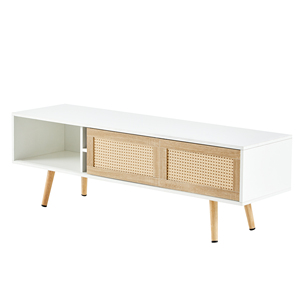Rattan TV Cabinet 55.12 In Double <b>Sliding</b> Doors Adjustable <b>Shelf</b> Solid Wood Legs Living Room Console - Product Image 6